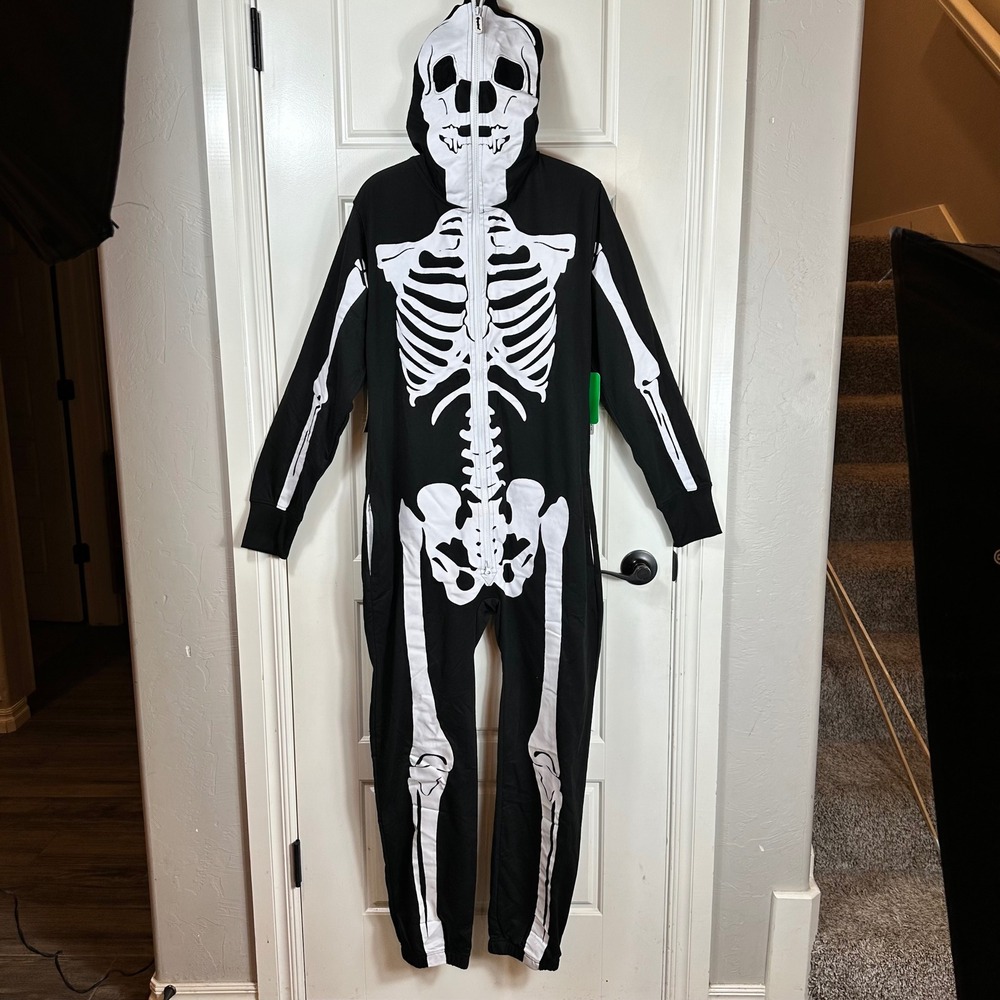 Tipsy Elves Skeleton‎ Costume Jumpsuit Full Zip Hooded Black Adult Size S
